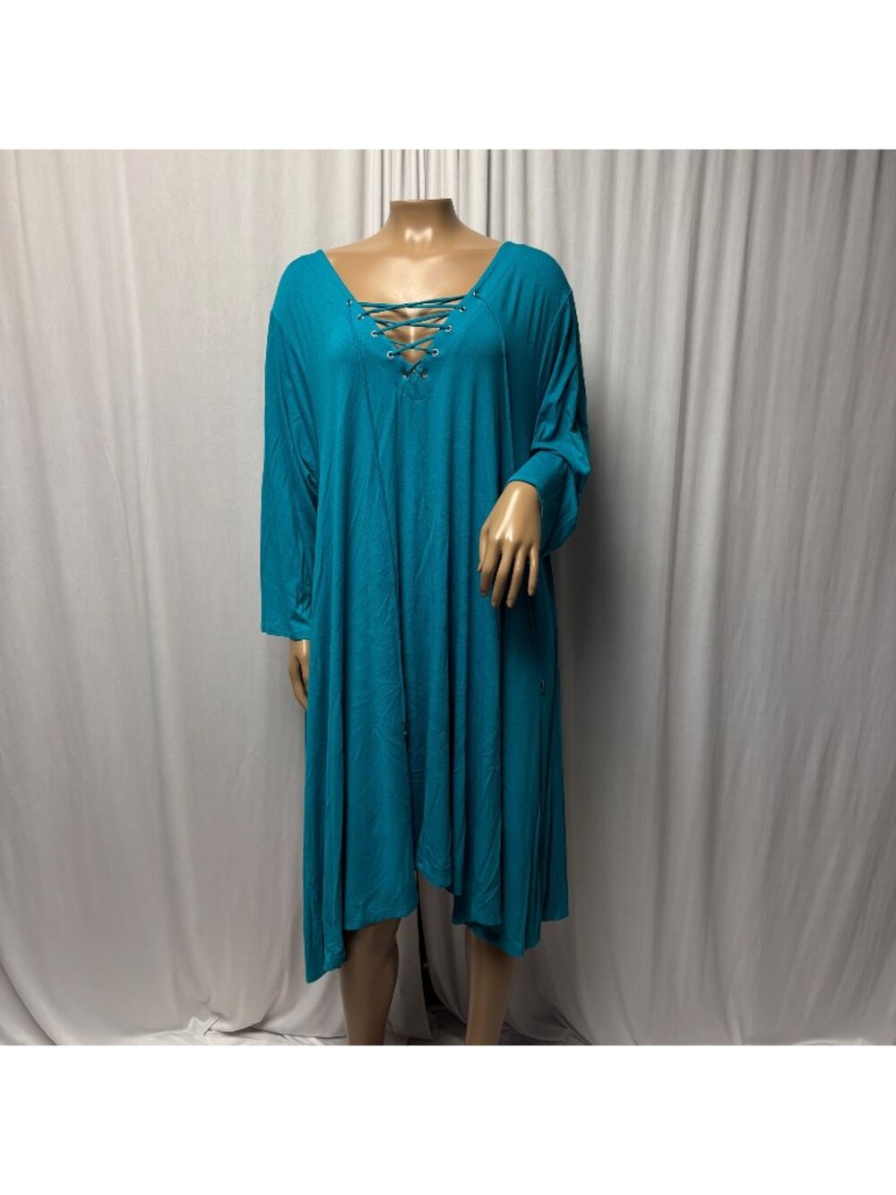 Boutique Swing Dress Womens Size 2X Teal Lace-Up V-Neck Stretch Concave Hem